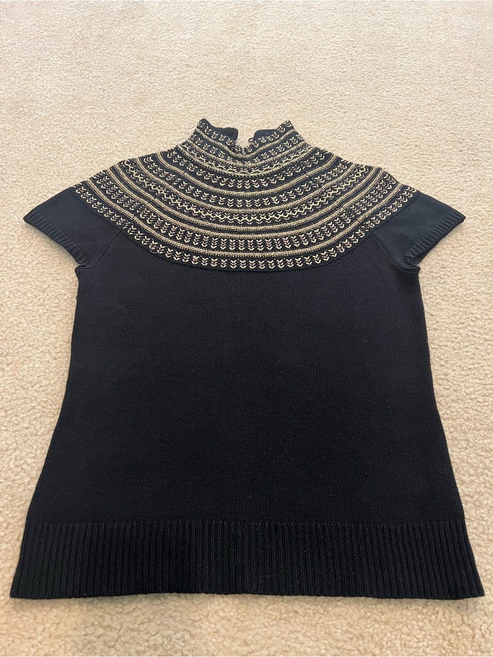 Lauren Ralph Lauren Black Short-Sleeve Knit Top with Gold Fair Isle Yoke